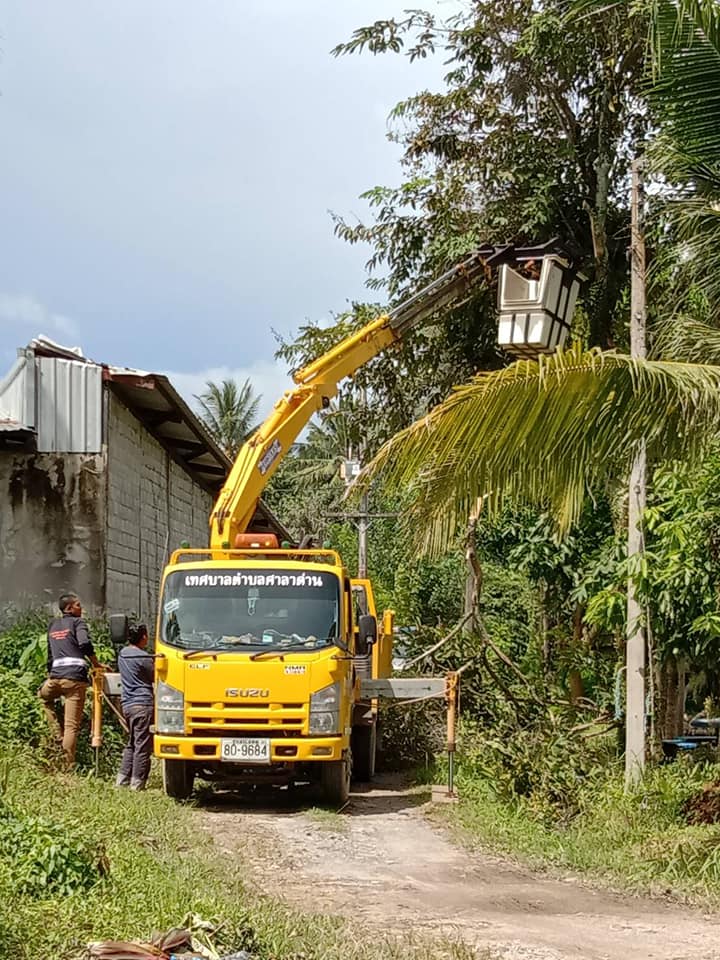 ทต.ศาลาด่าน ตัดแต่งกิ่งไม้ที่กระทบสายไฟฟ้าป้องกันปัญหาไฟฟ้าขัดข้างถนนซอยบ้านในไร่